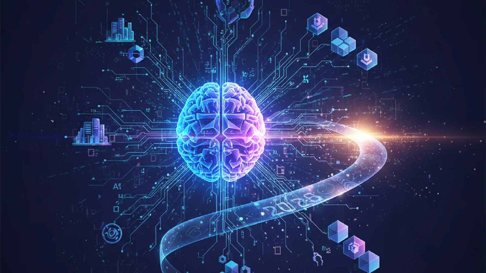 Technologies futuristes 2026 avec intelligence artificielle et robotique avancée dans un environnement high-tech moderne