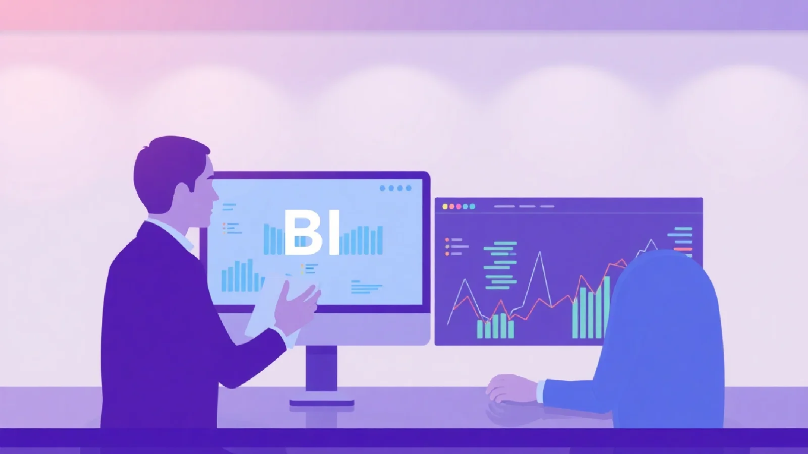 Entrepreneur analyzing BI data on a collaborative screen in a modern startup