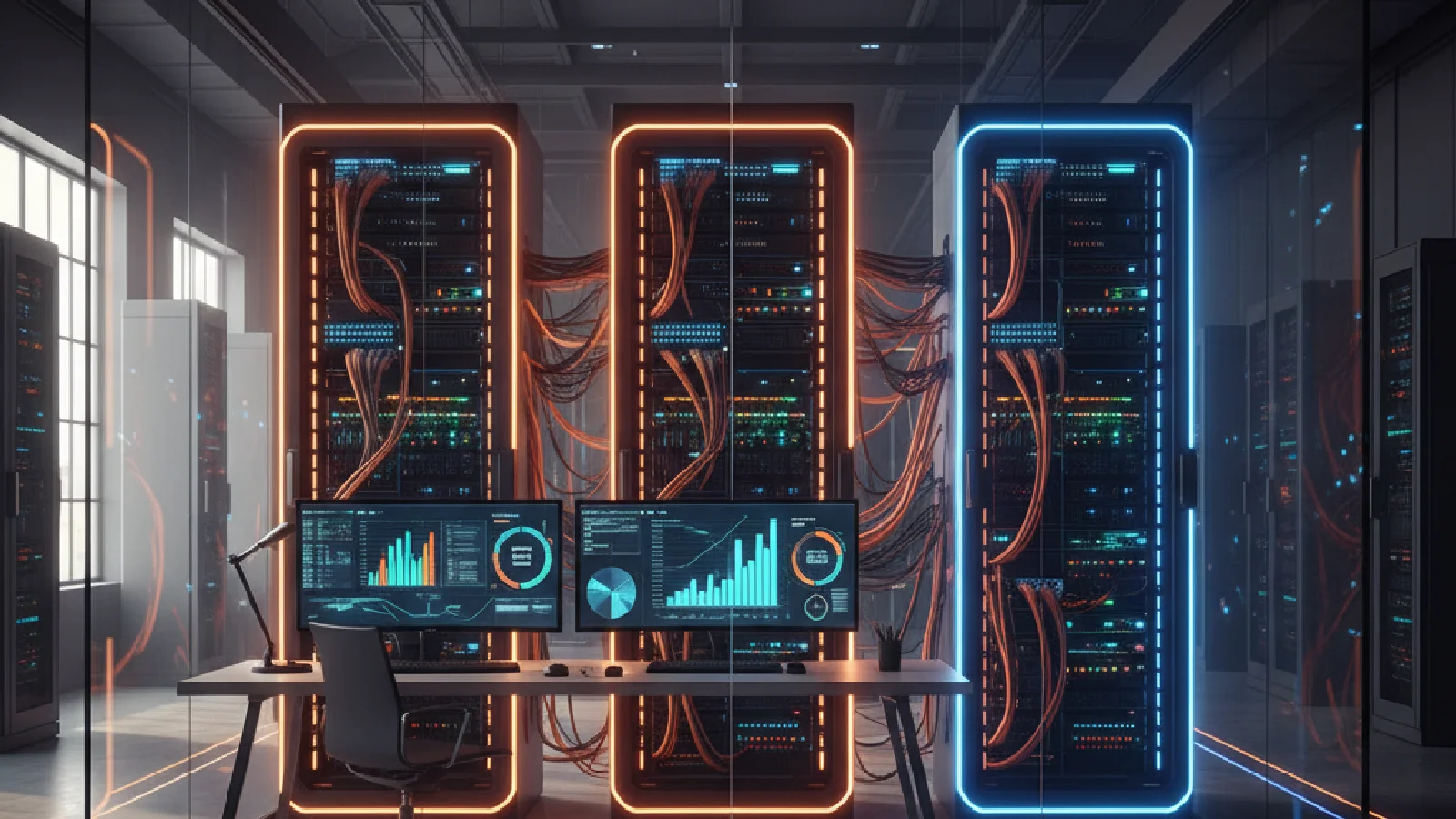 Data centers modernes illustrant la compétition entre AWS, Microsoft Azure et Google Cloud pour la domination du marché cloud