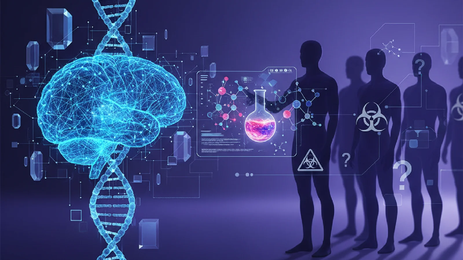 Researchers analyzing medical data with artificial intelligence in a modern pharmaceutical laboratory
