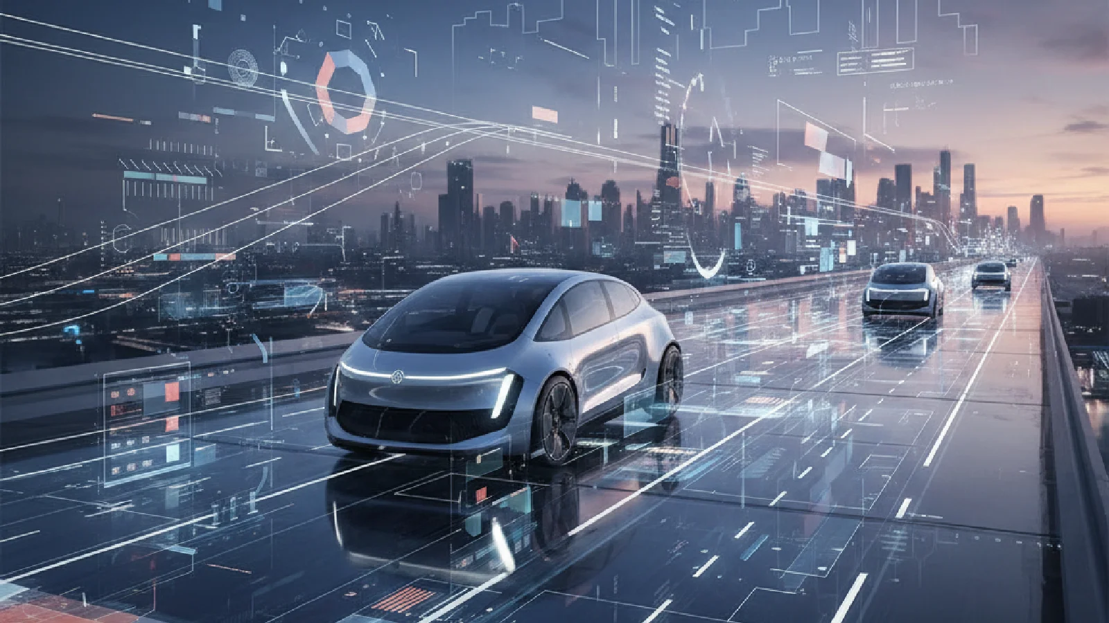 Vue futuriste d'une voiture autonome naviguant dans un paysage urbain intelligent avec des lumières LED bleues traçant son chemin.
