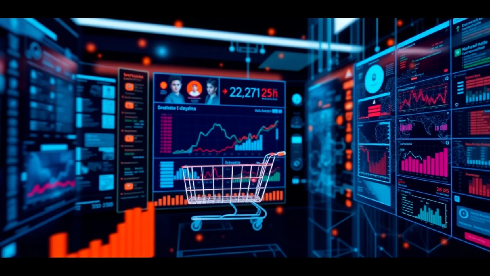 Interface futuriste montrant un agent IA conversationnel intégré à une boutique en ligne, avec des éléments visuels représentant le commerce agentique et les interactions automatisées