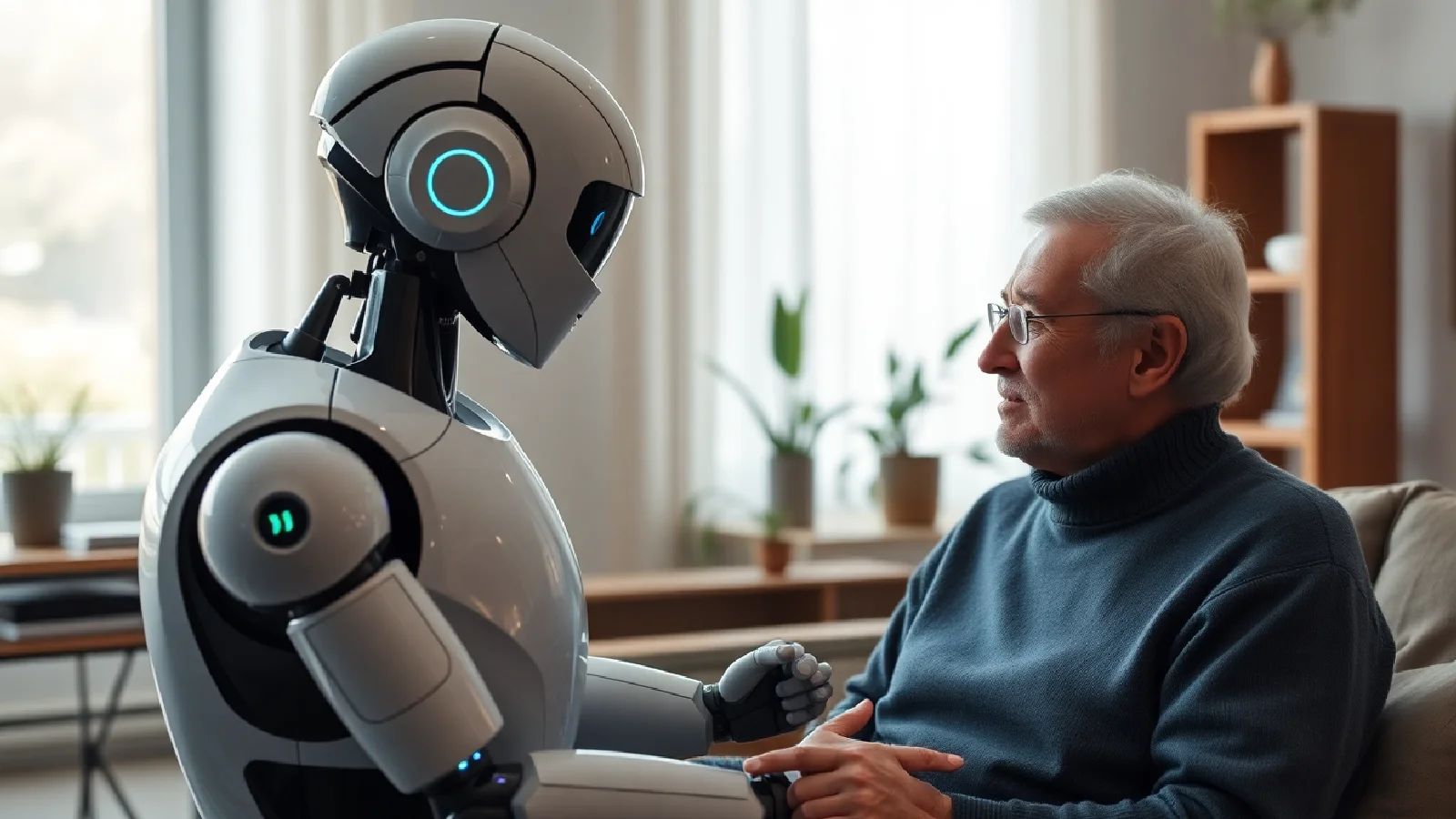 Un robot assistant humanoïde interagissant amicalement avec une famille dans un salon moderne et lumineux, illustrant l'intégration harmonieuse de la technologie dans la vie quotidienne.