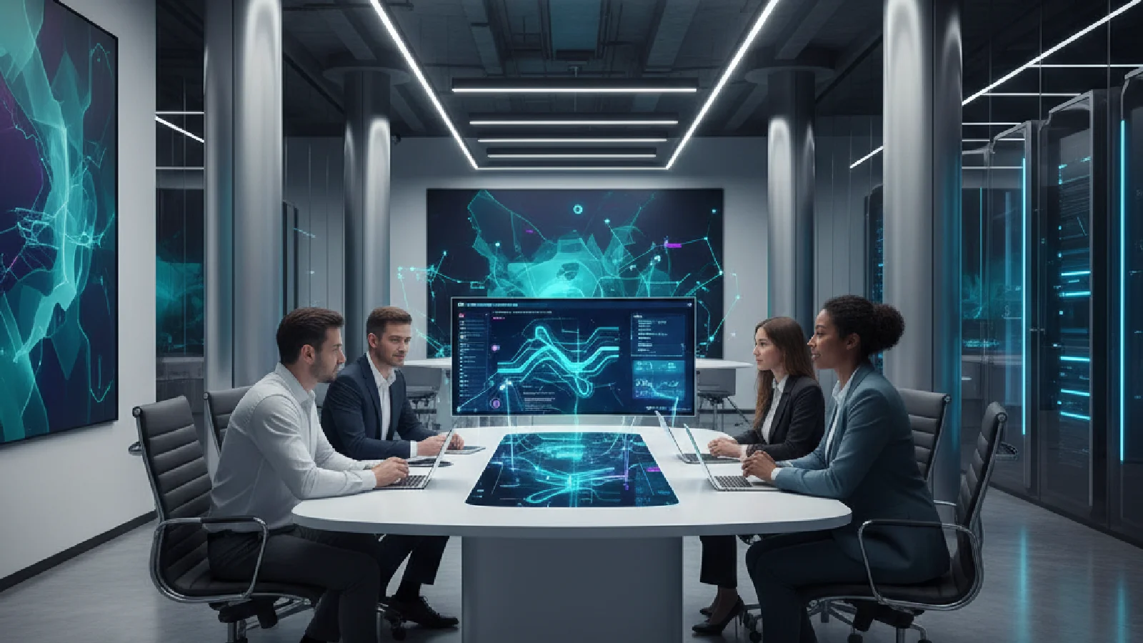 Illustration d'une équipe de startup interagissant avec des écrans affichant des graphiques et des interfaces de gestion de projet assistées par IA, symbolisant l'innovation et la productivité.