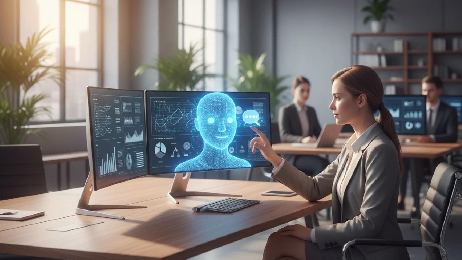 Une main humaine interagissant avec une interface holographique représentant des symboles d'IA et de marketing digital, illustrant la collaboration homme-machine.