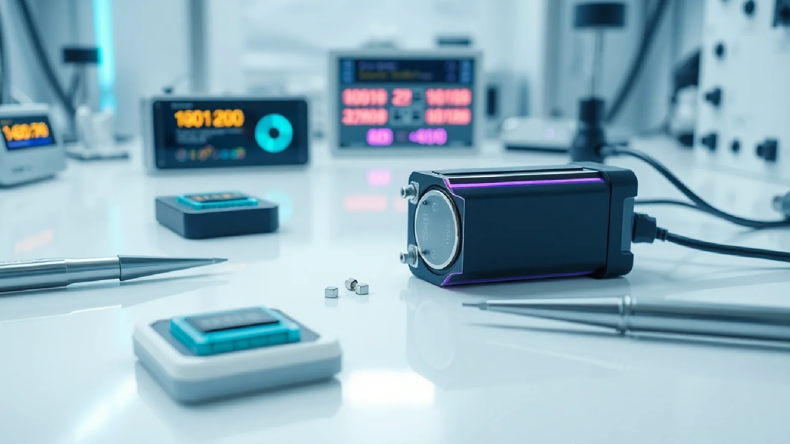 Prototype de batterie solid-state dans un laboratoire de recherche avec smartphones et tablettes
