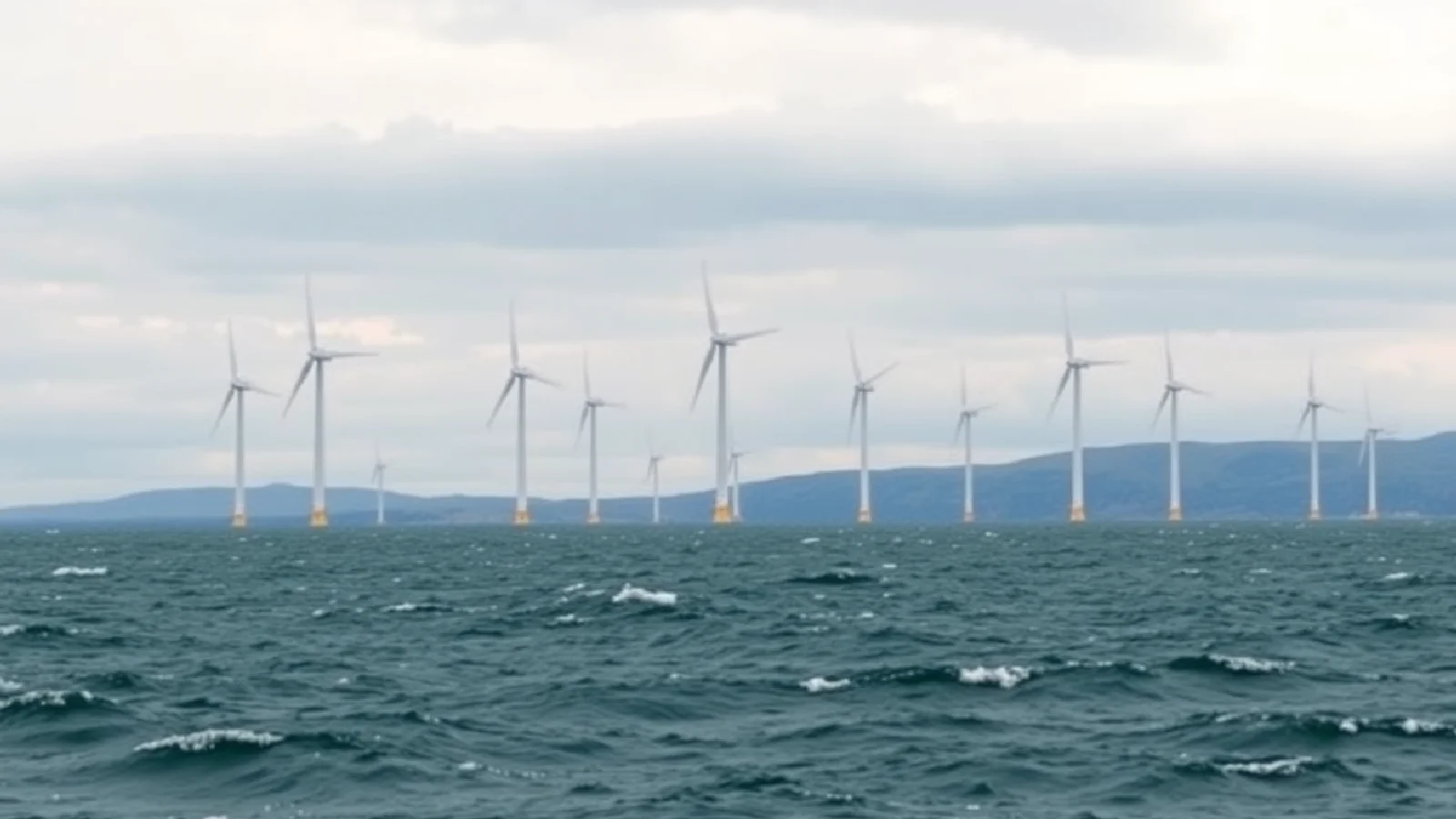 Offshore wind farm at sea with modern turbines and a maintenance vessel, symbolizing France's marine renewable energy strategy