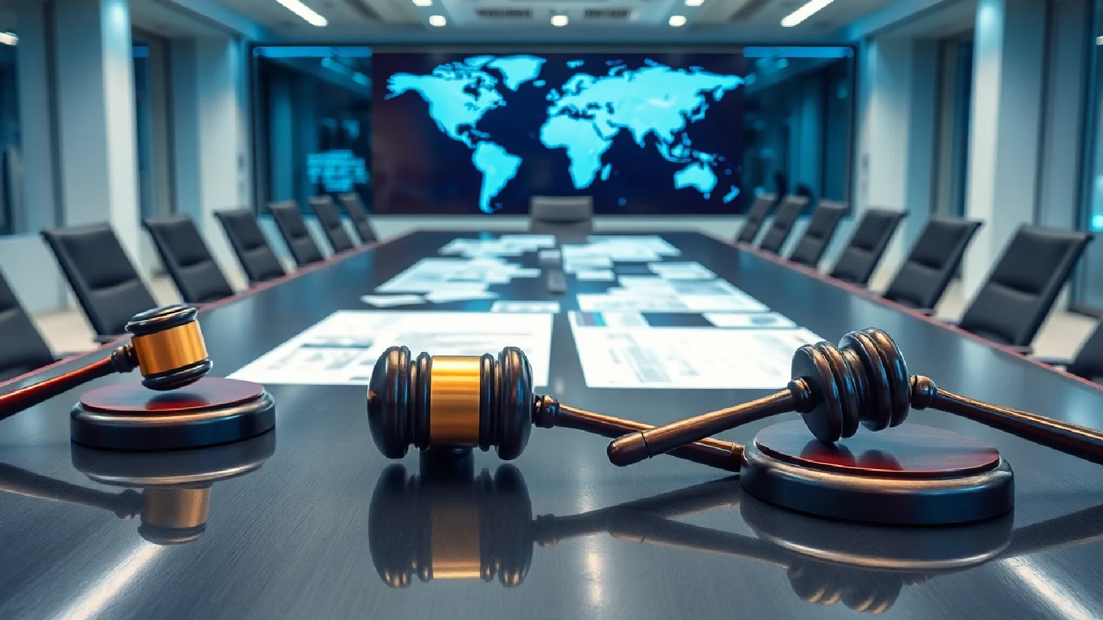 Illustration of GAFAM logos surrounded by legal and regulatory symbols representing the global antitrust battle of 2025