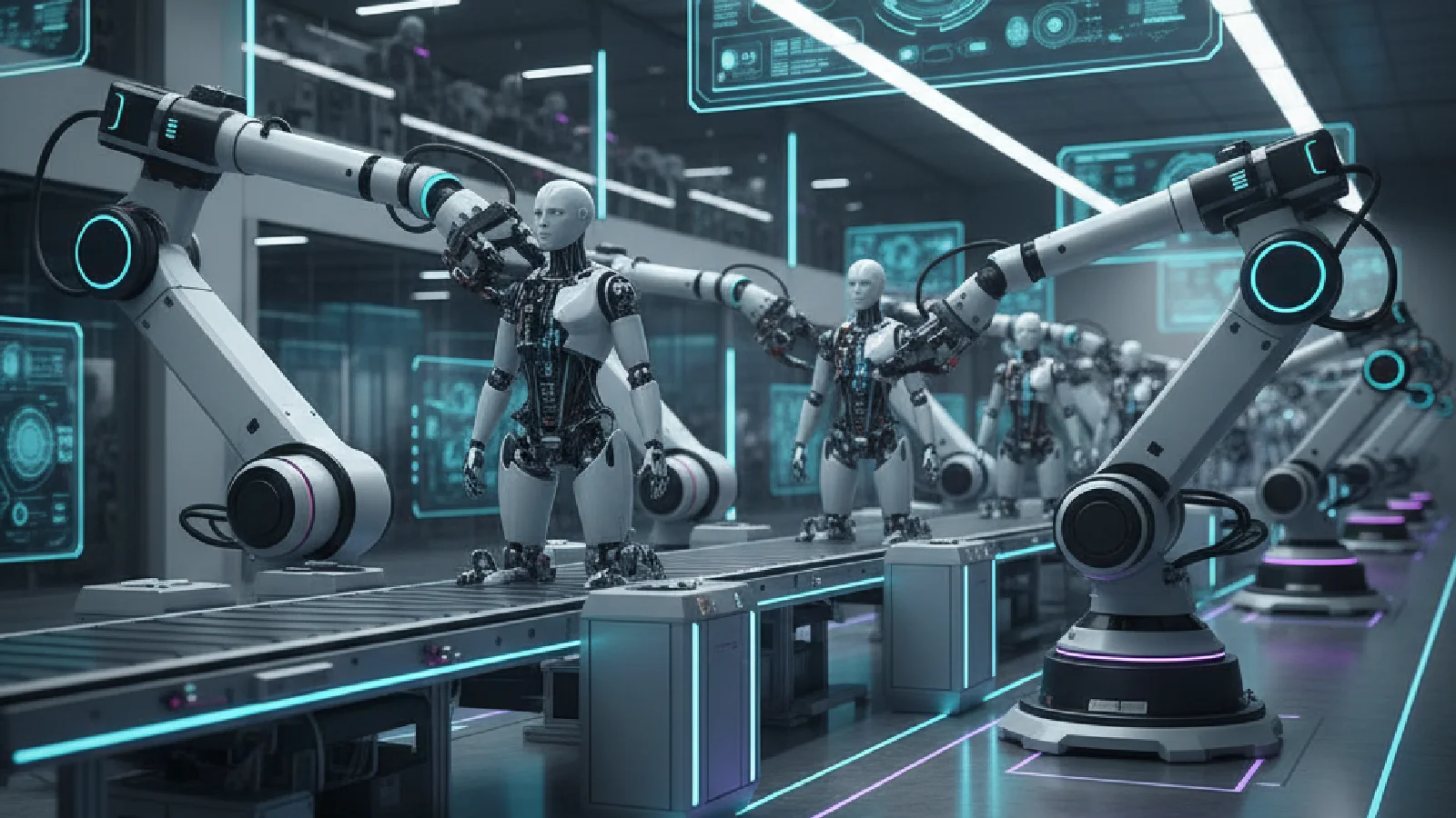Robot humanoïde travaillant aux côtés d'un ouvrier sur une chaîne de production industrielle moderne