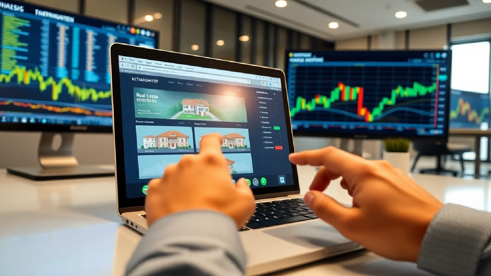 Interface de plateforme digitale d'investissement immobilier fractionné et SCPI avec graphiques de performance en temps réel