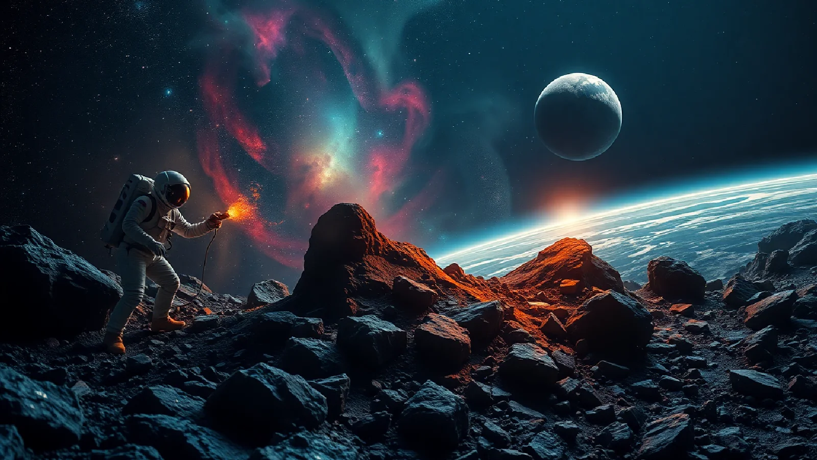 Futuristic visualization of a mining operation on an asteroid with automated spacecraft extracting valuable minerals in deep space