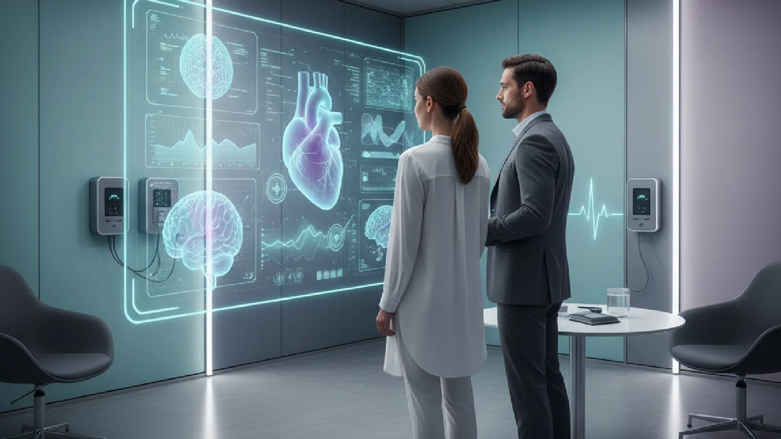 Doctor analyzing AI data on holographic screen for personalized predictive diagnosis