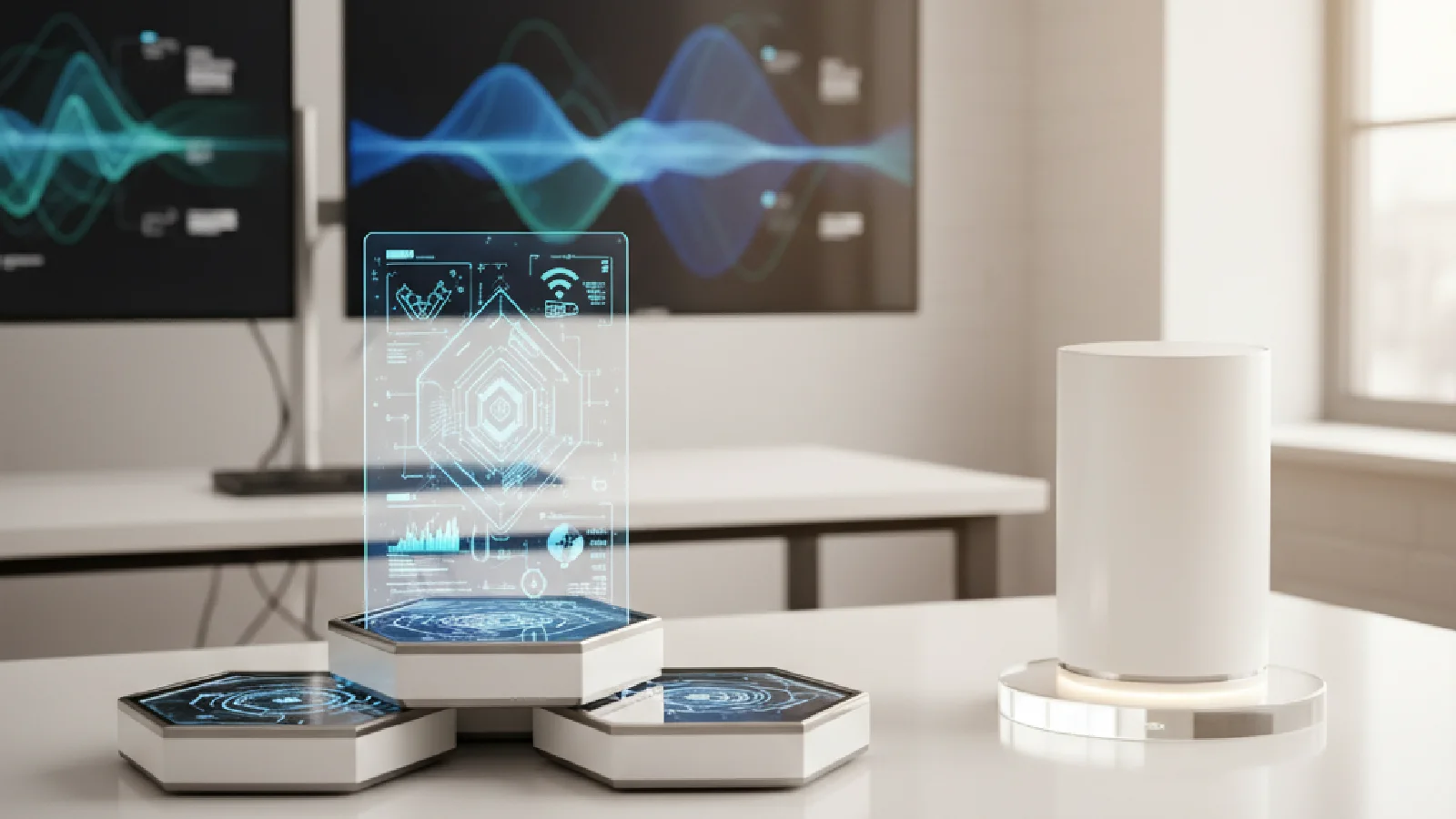 Système mesh Wi-Fi 7 avec plusieurs nœuds installés dans un salon moderne connecté