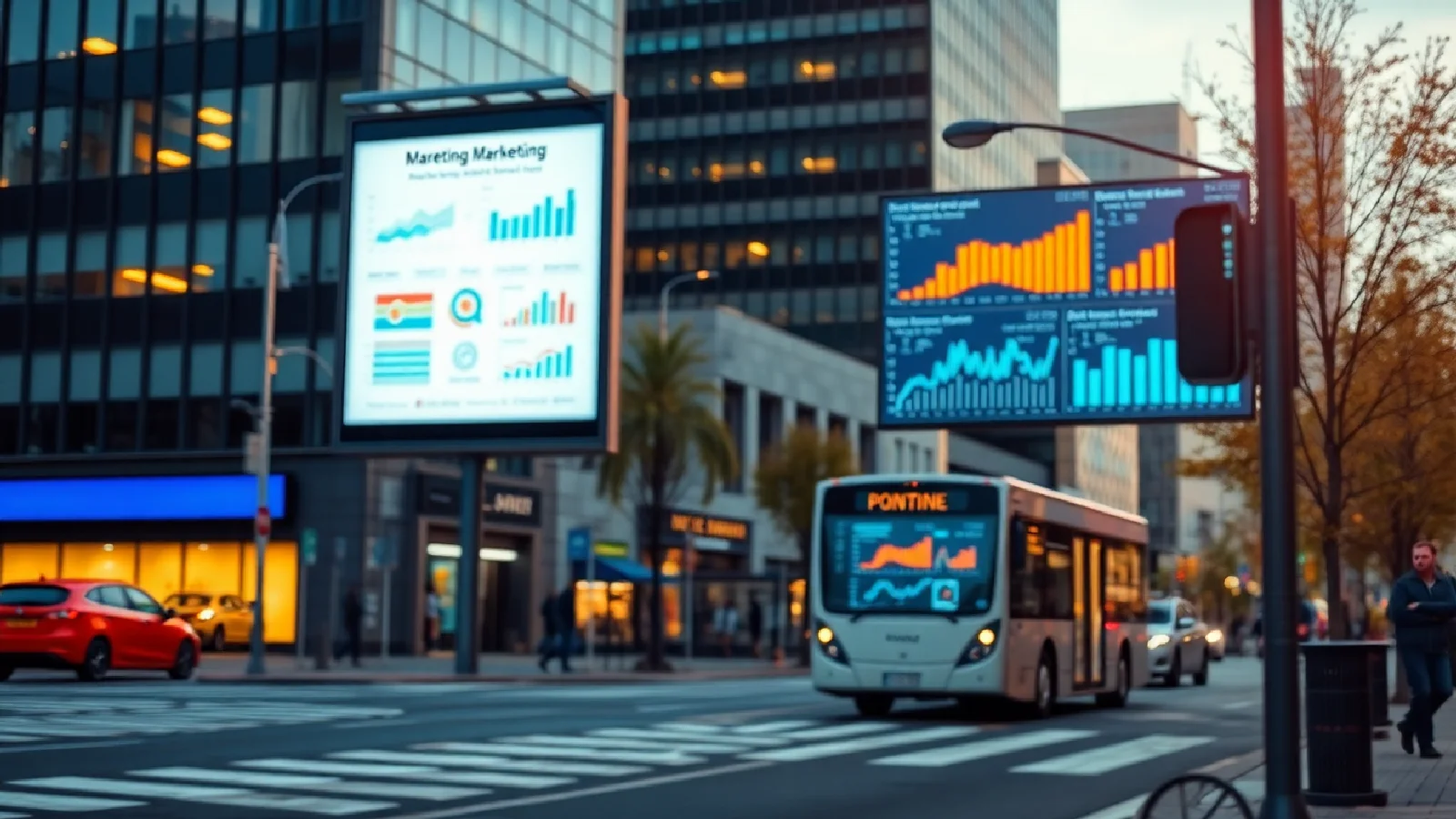 Panneau publicitaire urbain connecté analysant les données d'attribution marketing en temps réel