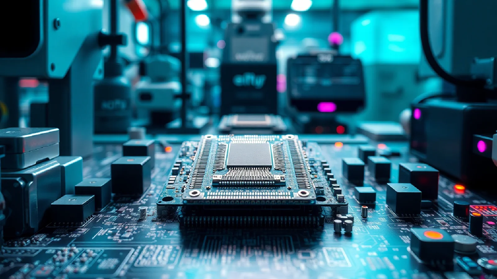 Puce électronique haute technologie 2nm sur circuit imprimé illustrant la pénurie de composants semiconducteurs