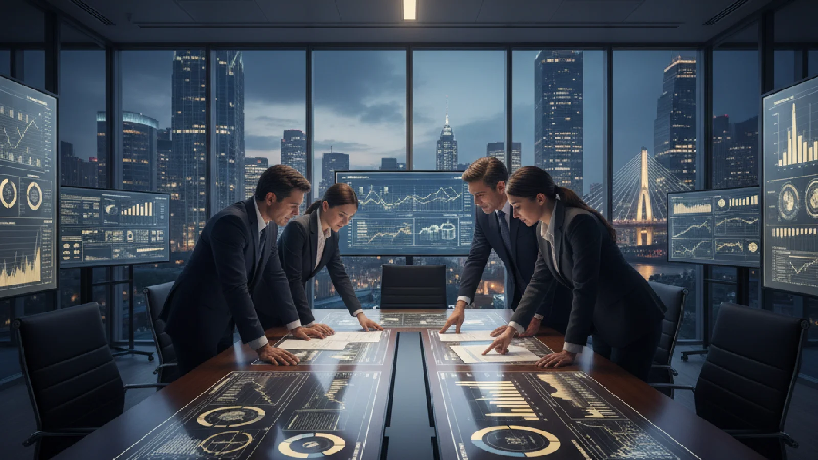 Business leaders preparing for an IPO with financial documents and performance charts