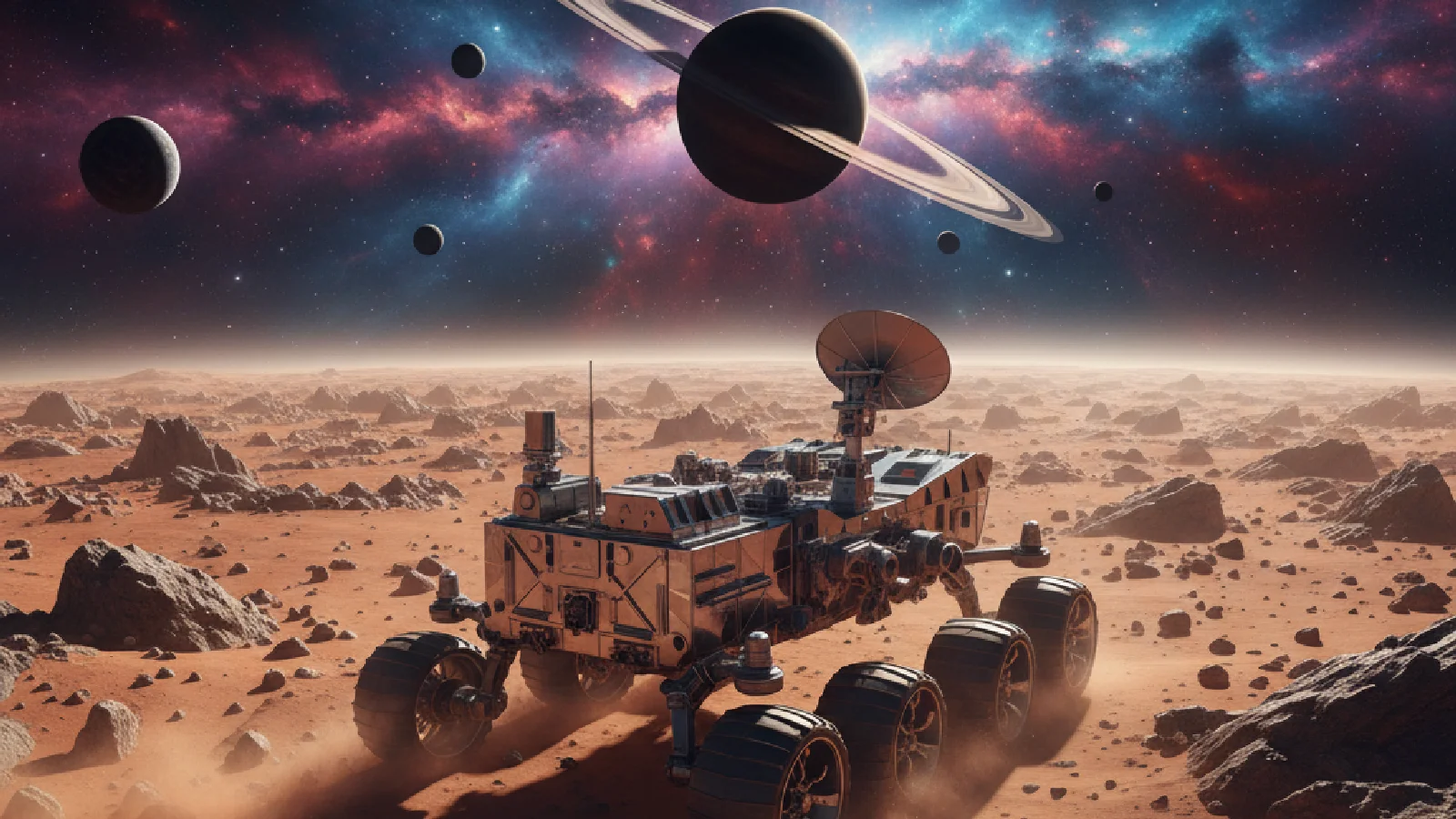 Robot marcheur à pattes articulées explorant le terrain accidenté de Mars avec des formations rocheuses en arrière-plan