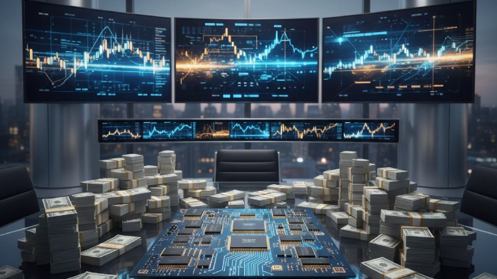 Circuit imprimé moderne avec puces semi-conducteurs illuminées représentant l'industrie technologique en pleine expansion vers le trillion de dollars