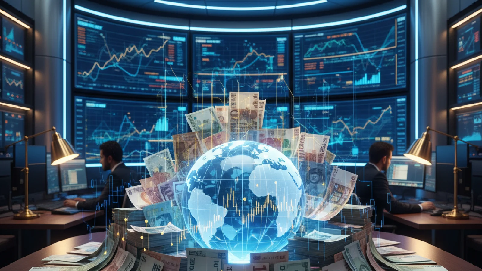 Illustration conceptuelle des stablecoins et de la dollarisation numérique mondiale avec réseaux financiers interconnectés