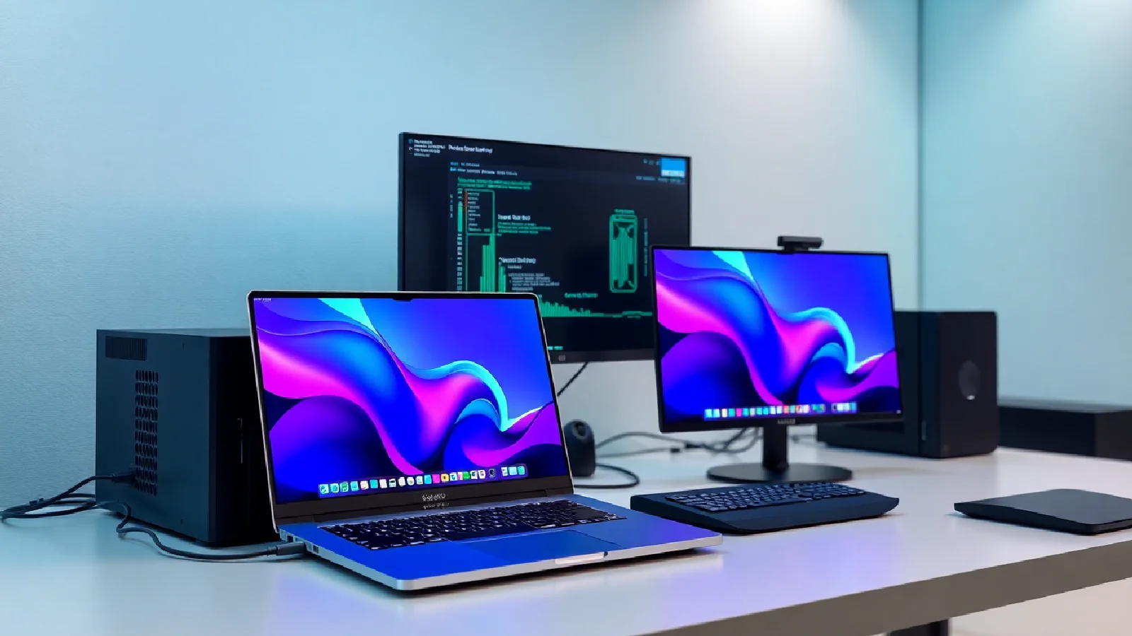 Setup professionnel avec laptop connecté à un dock Thunderbolt 5, écrans multiples et périphériques haute performance