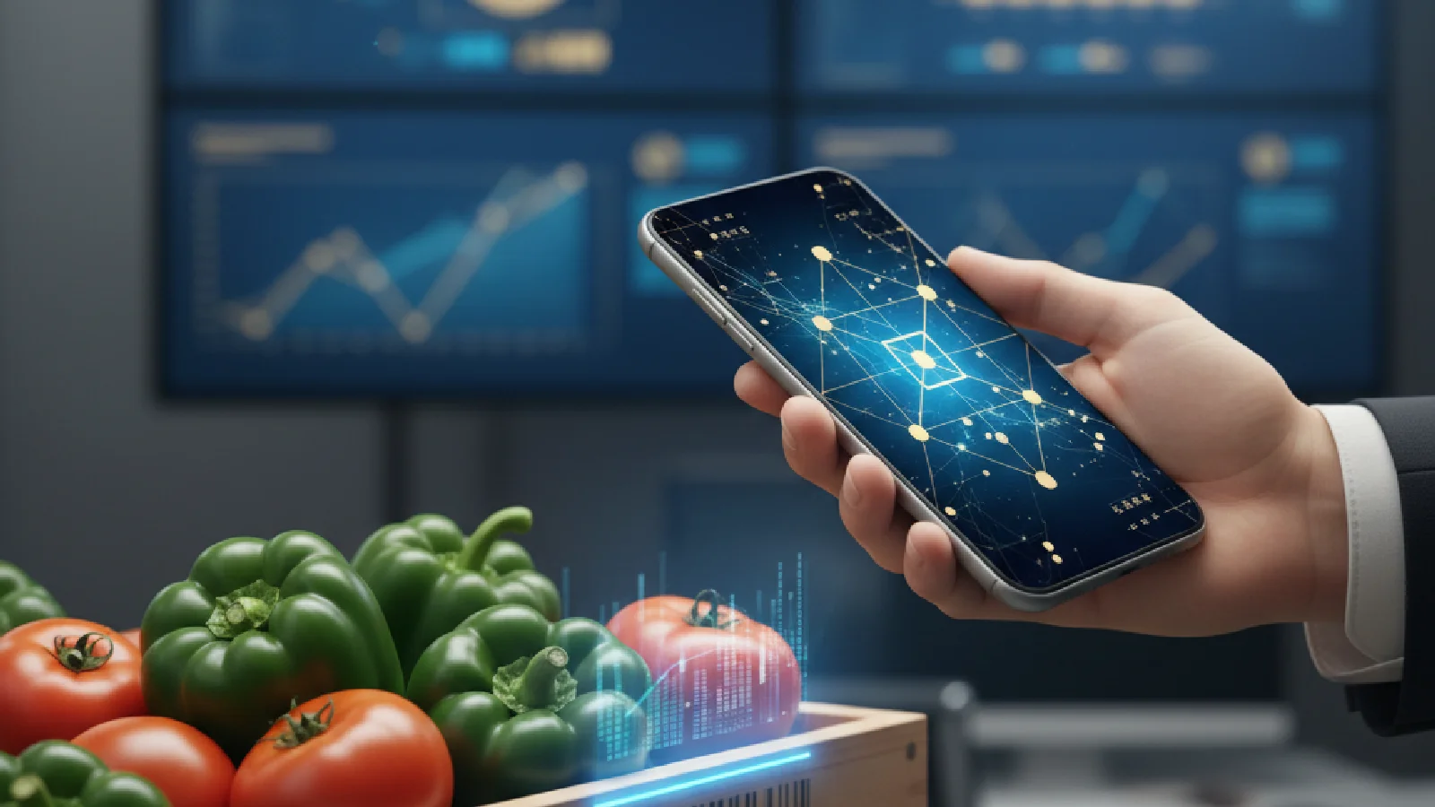 Système de traçabilité blockchain VeChain dans l'industrie agroalimentaire avec capteurs IoT et codes QR