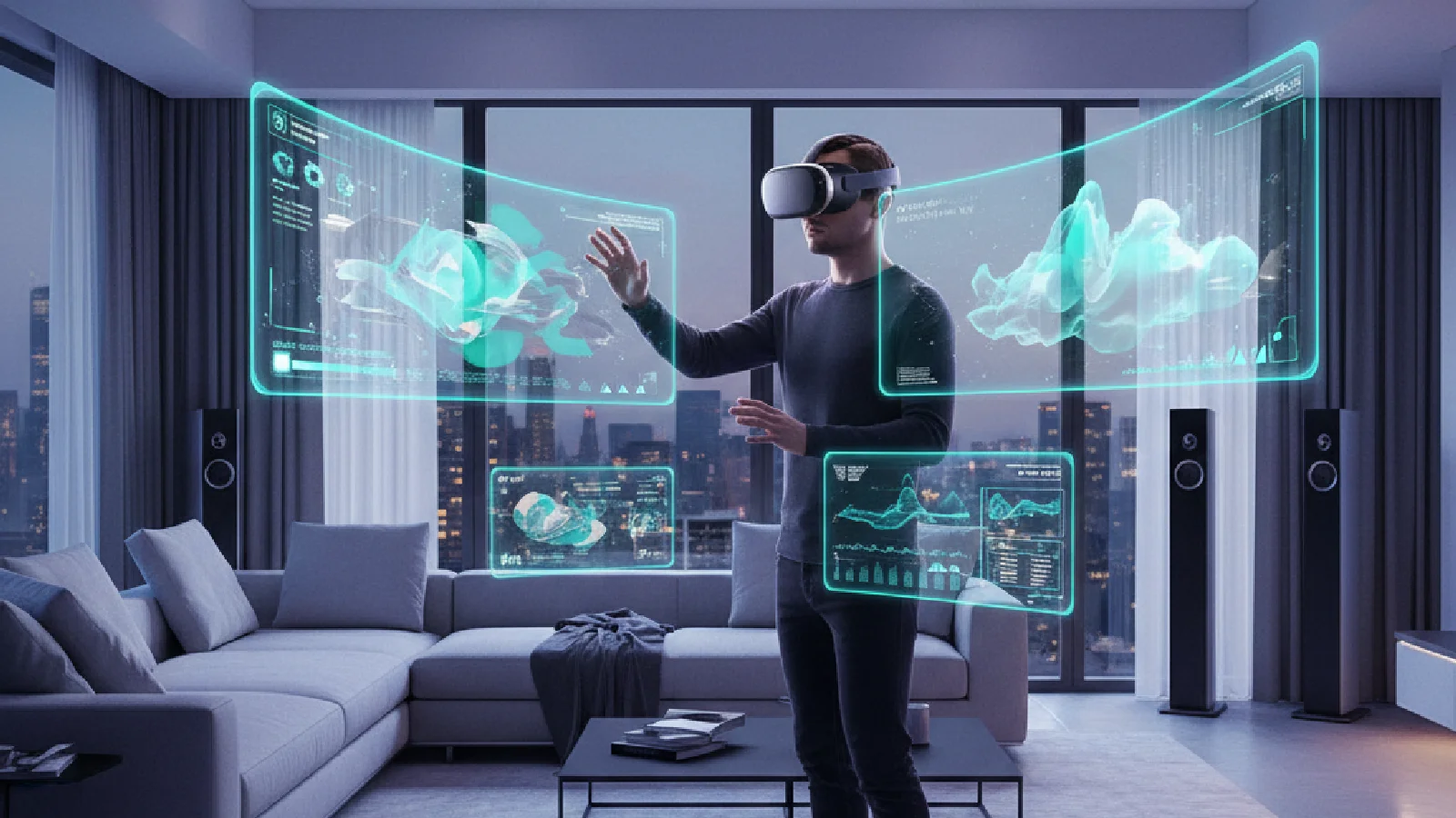 Casque Vision Pro d'Apple dans un environnement professionnel avec interface de réalité augmentée
