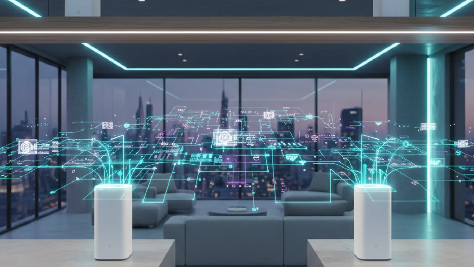 Installation complexe d'un système WiFi 7 Mesh dans un intérieur moderne avec plusieurs nœuds de réseau